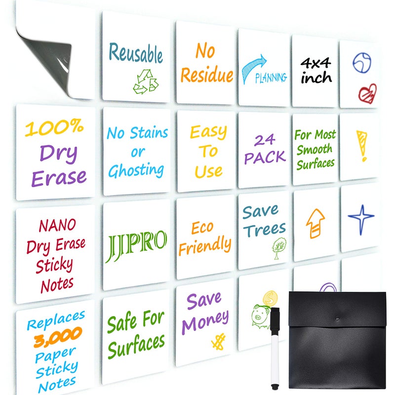 JJPRO Dry Erase Sticky Notes. Reusable Whiteboard Stickers 4"x4" - 24 Pack. Suitable for All Smooth Surface. Great for Labels, Lists, Reminders and Decals. Washable, Removable - Image 1